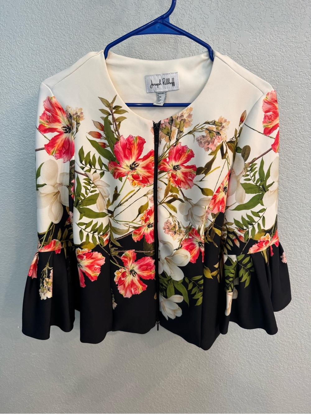 Joseph Ribkoff White & Black Floral Zip-Front Peplum Blouse